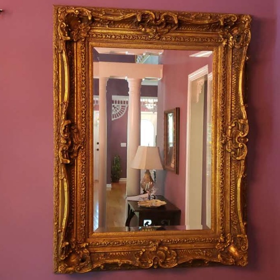 Beautiful 3 Foot Wide Beveled Mirror in Gold Tone Resin Frame