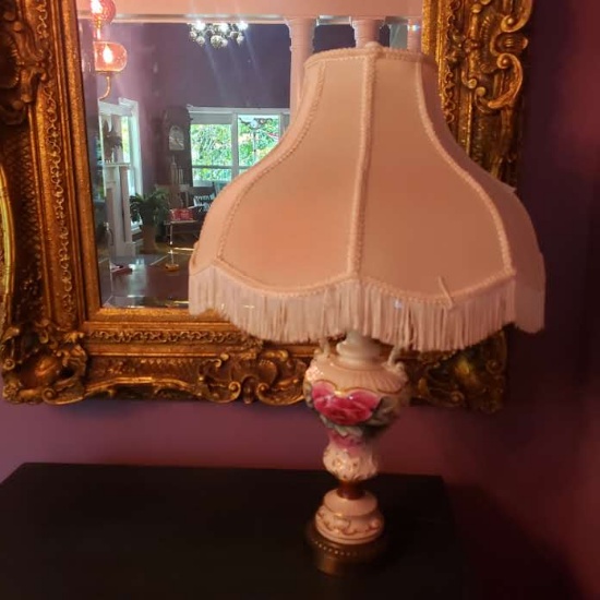 Vintage Urn Style Porcelain Lamp with Fringe Shade