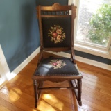 Victorian Eastlake Style Rocking Chair with Needlepoint Seat and Back