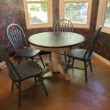 Solid Wood Antique Pedestal Table with Claw Feet, 4 Painted Blue Wood Chairs