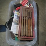 Small Tote Lot of Assorted Items Including Craftsman Wood Turning Tools