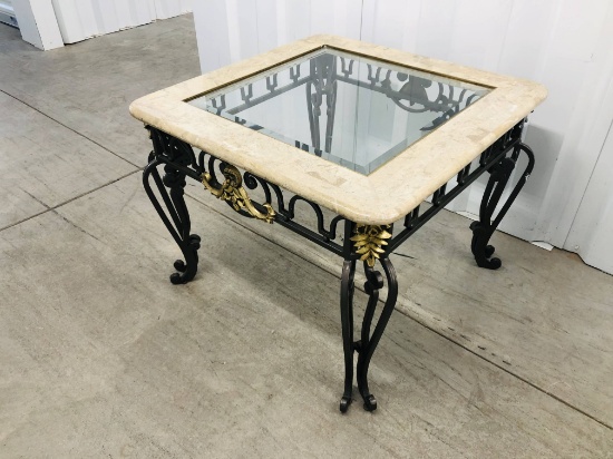 Pulaski Wrought Iron, Brass, Marble, and Glass Grecian Style Side Table