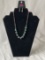 Silver Tone Necklace with Green Iridescent Beads, Earrings