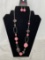 Silver Tone Necklace with Varying Shapes and Sizes of Pink Beads, Matching Earrings