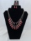 Silver Tone Layered Necklace with Pink Beads, Earrings