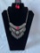 Silver Tone Fringe Necklace with Red Accents, Earrings