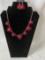 Silver Tone Necklace with Red Accents, Earrings