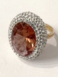 Gold Over Sterling Silver Ring with Clear Stones & Large Stone