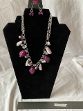 Silver Tone Necklace with Purple, Cream and Silver, Matching Earrings