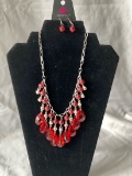 Silver Tone Necklace with Red Prisms, Matching Earrings