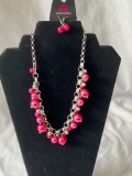 Silver Tone Necklace with Pink Beads, Matching Earrings
