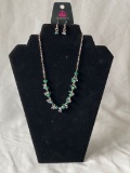 Silver Tone Necklace with Green Iridescent Beads, Earrings