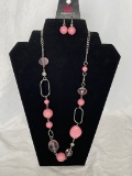Silver Tone Necklace with Varying Shapes and Sizes of Pink Beads, Matching Earrings