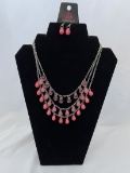 Silver Tone Layered Necklace with Pink Beads, Earrings