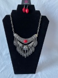 Silver Tone Fringe Necklace with Red Accents, Earrings