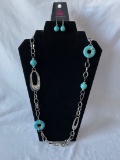 Faux Turquoise Silver Tone Necklace, Earrings