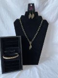 Brass Tone Chain with Feather Pendant, Matching Earrings and Coordinating Bangle Bracelet