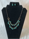 Green and Gun Metal Layered Necklace, Earrings