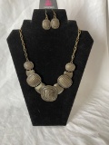 Brass Tone Statement Necklace, Earrings