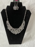 Silver Tone Floral Necklace, Earrings