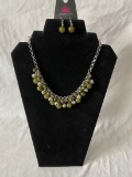 Silver Tone Necklace with Layers of Olive Green and Silver Tone Beads, Earrings