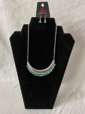 Silver Tone Necklace with Aqua Beads, Earrings