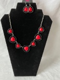 Silver Tone Necklace with Red Accents, Earrings