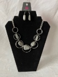 Silver Tone Hoops Necklace with Gray “Rocks”, Earrings