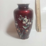 Vintage Japanese Red Cloisonné Vase, Flowers and Bird