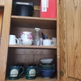 Cabinet Lot of Assorted Pottery Mugs, Bowls, Fry Daddy