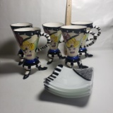 Lot of 5 2009 Blue Sky 3 Leg Cups With Blonde Lady and 4 Hand Painted Coordinating Saucers