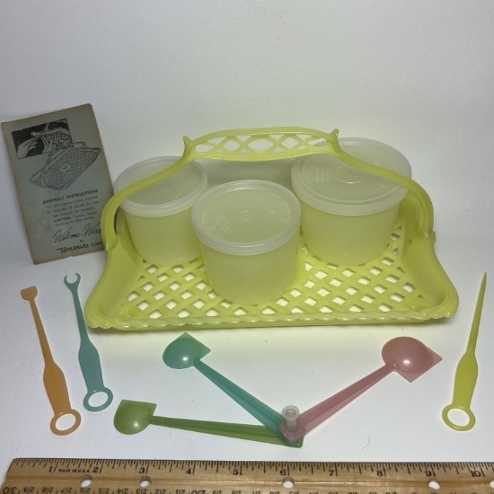Early Tupperware Tray, Stackable Cups w/Lids, Measuring Spoons & Utensils