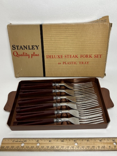 Vintage Stanley Quality Plus Deluxe Steak Fork Set in Plastic Tray & Original Box