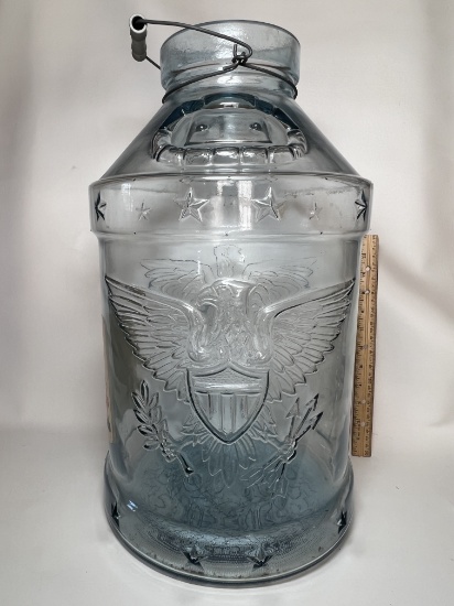 Vintage 5 Gallon Blue Glass Cates Pickle Jar with Embossed Eagles & Original Label