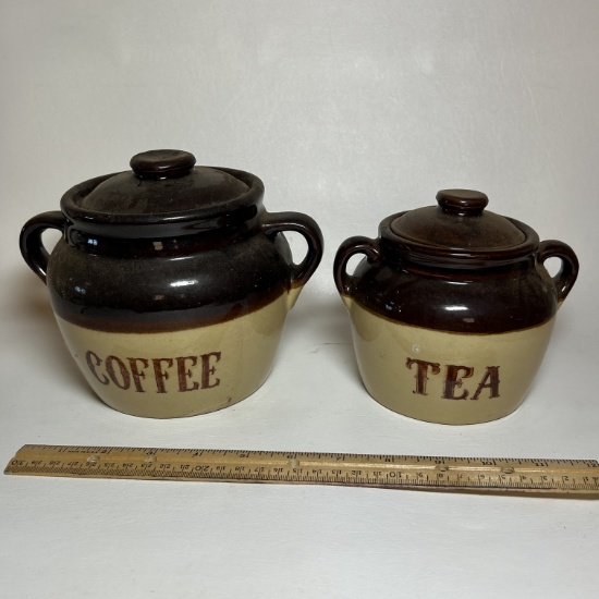 Vintage 2-Tone Pottery “Coffee & Tea” Lidded Canisters