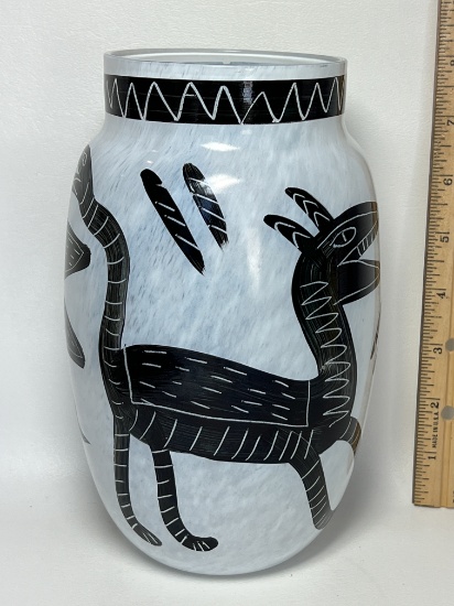 Mid-Century Signed Kosta Boda 8-1/2” Tall White and Black Glass Calamba Vase by Ulrica