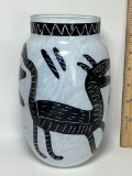 Mid-Century Signed Kosta Boda 8-1/2” Tall White and Black Glass Calamba Vase by Ulrica