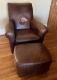 Ethan Allen Brown Leather Chair with Matching Ottoman