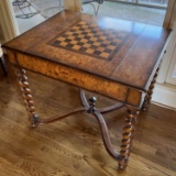 Theodore Alexander Burl Wood Spiral Turned Game Table with X Stretcher, 2 Drawers with Game Pieces