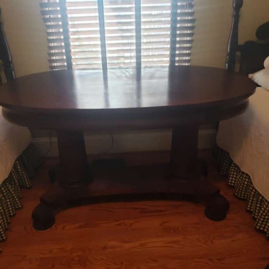 Antique Oval 2 Pedestal Library Table - Solid Dark Wood with Single Drawer