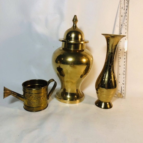 Lot of Brass Colored Metal Vase, Urn, and Waterer