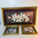 Lot of 3 Floral Prints Framed and Matted in Gilded Wood Frames