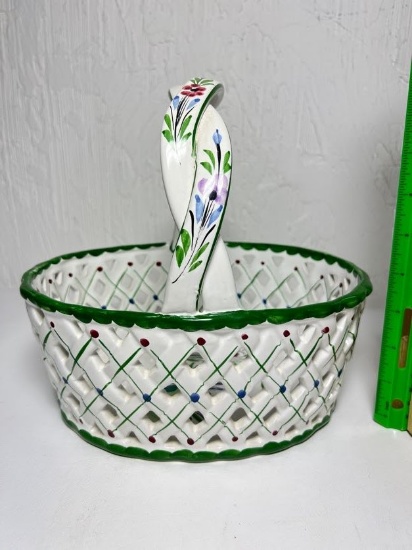 RC & CL Hand Painted Floral Porcelain Basket Made in Portugal