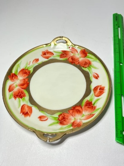 Vintage Hand Painted Floral Bavaria Double Handled Dish with Gilt Accent