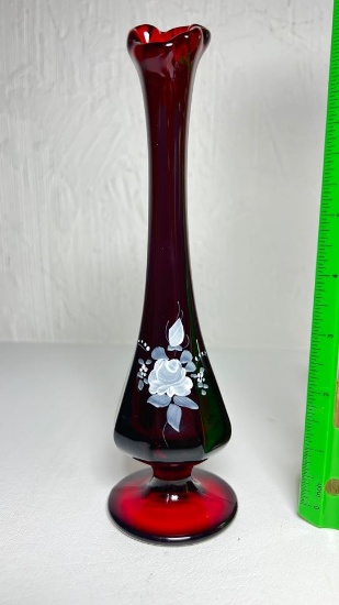 Fenton Ruby Red Hand Painted Floral Bud Vase Signed by Artist