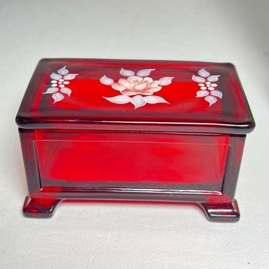 Fenton Ruby Red Hand Painted Floral Lidded Dish
