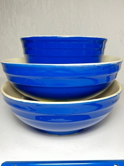 Lot of 3 Oxford Stoneware Blue Ribbed Serving Bowls