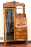 Antique Tiger Oak Side by Side Secretary w/ Curved Glass Door Front, 4 Shelves & Beautiful Carvings