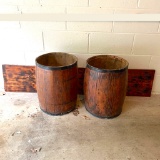 Pair of Vintage Wooden Barrels with Wood Plank Top