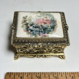 Beautiful Gilt Hinged Music Box with Victorian Couple Porcelain Top with Gold Lining Made in Japan